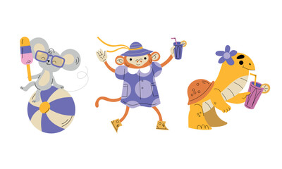 Funny Animals Tourist Enjoying Summer Beach Vacation Vector Set