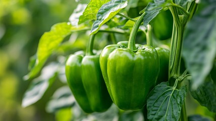 Green bell peppers growing on a plant with large green leaves