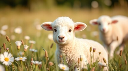 Obraz premium Charming lamb portrait in a meadow of daisies bathed in sunlight