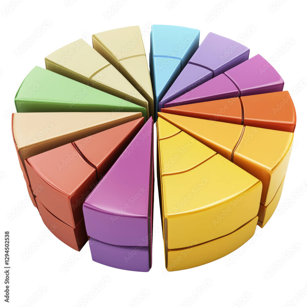 Leinwandbilder Colorful pie chart segments arranged in circular pattern, showcasing various shades and sections. This vibrant design represents data visualization and analysis