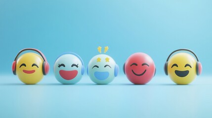 Cheerful spheres with headphones and emojis on a bright blue background, perfectly capturing joy, fun, and happiness in a playful and whimsical way for creative projects.
