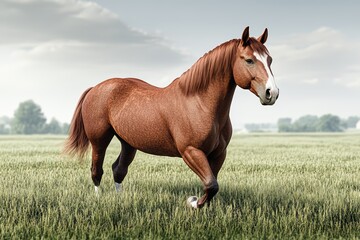 Magnificent chestnut horse trotting gracefully across a sunlit golden meadow