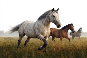 Naklejka premium Majestic Horses Galloping Freely Across Open Grassy Meadow Landscape