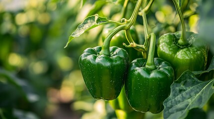 Green Bell Peppers Growing on a Bush in a Garden
