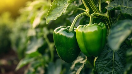 Green bell peppers growing on a vine in a garden