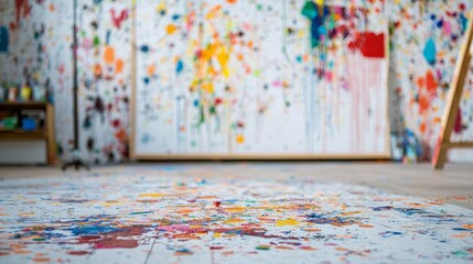 Naklejka premium Colorful Abstract Art Studio with Paint Splatters on Floor