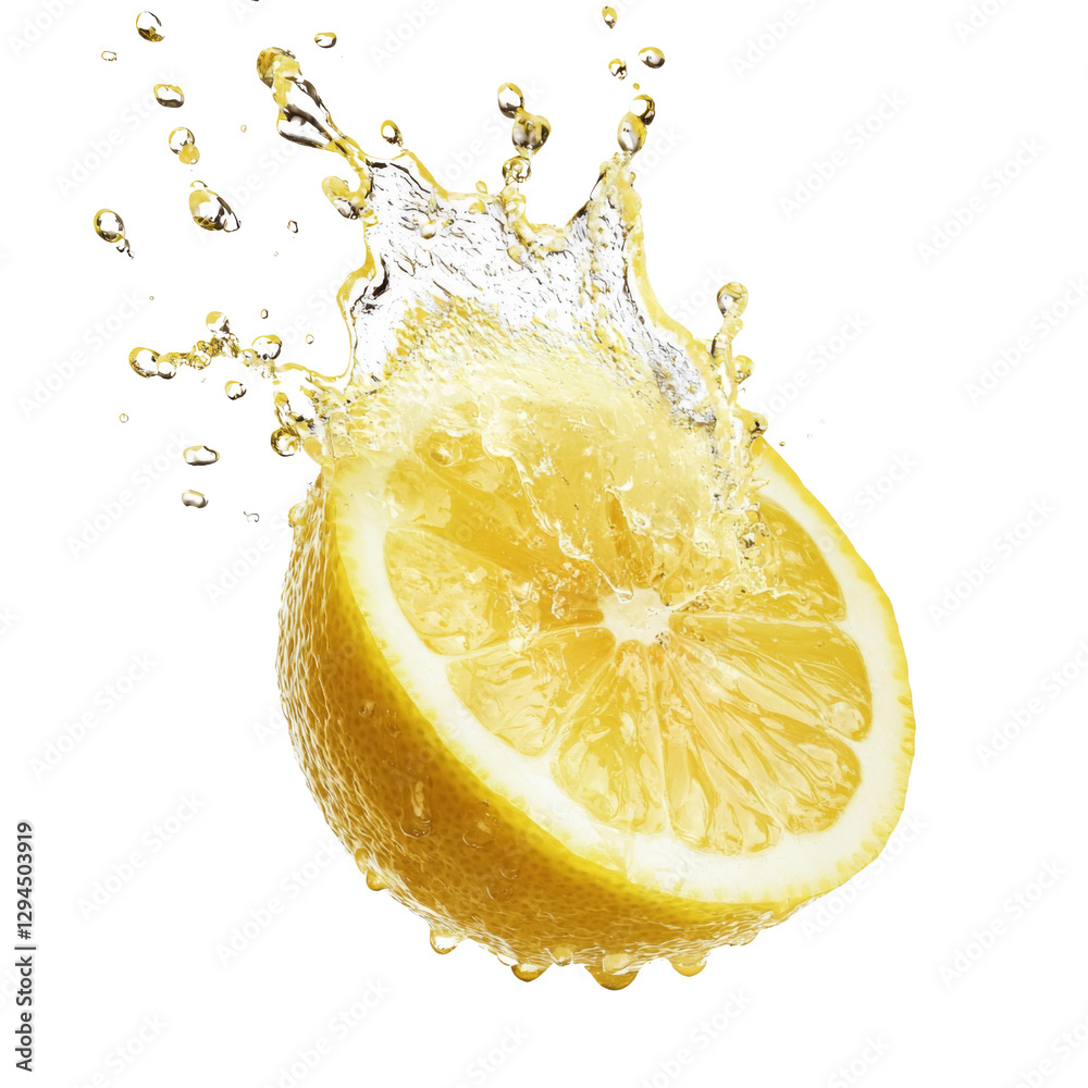 Aufkleber Fresh lemon slice splashing in water, creating dynamic droplets and vibrant scene. Perfect for culinary, beverage, or health related themes