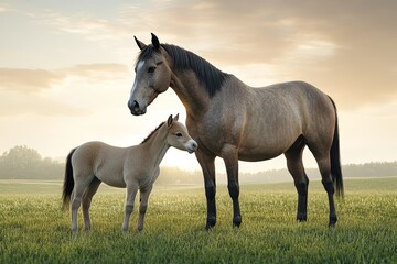 Fototapeta premium Mare and Foal in Golden Light, A Serene Equestrian Scene Depicting Family