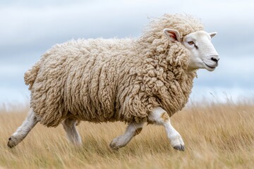 Obraz premium Majestic Sheep Trotting Through Golden Field Under a Cloudy Sky