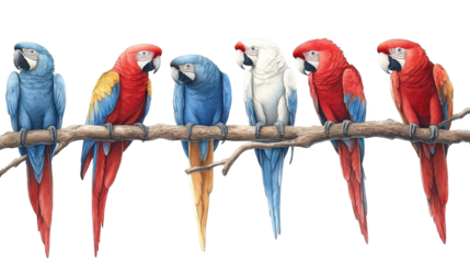 Four colorful parrots perched on a branch in lush tropical rainforest