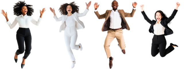 multicultural group of happy businesspeople: man & women jumping up in the air isolated over transparent (white) background); concept of diverse businesspeople stock photo collections