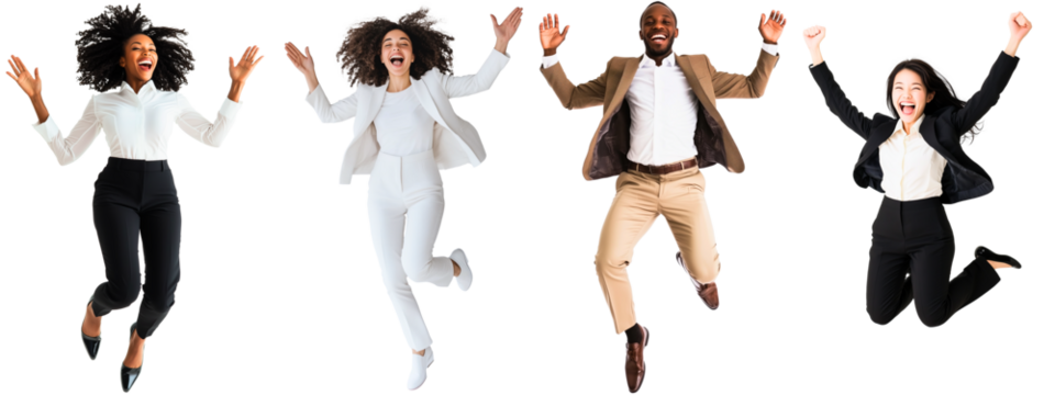multicultural group of happy businesspeople: man & women jumping up in the air isolated over transparent (white) background); concept of diverse businesspeople stock photo collections