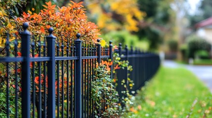 Autumnal garden fence, suburban street, foliage backdrop, property boundary