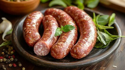 Fresh Homemade Sausages Placed on Dark Wooden Tray Surrounded by Herbs