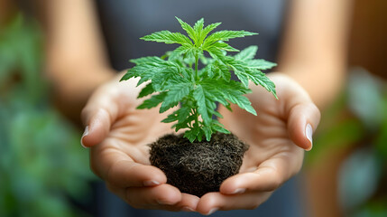 Woman's hands holding small cannabis plant