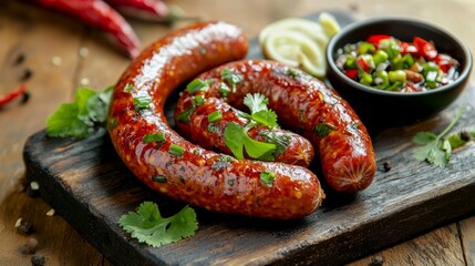 Grilled Spicy Sausages with Fresh Herbs and Dipping Sauce