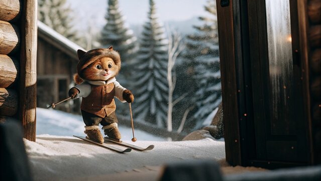 A Cute Cat Skiing Down the Slopes