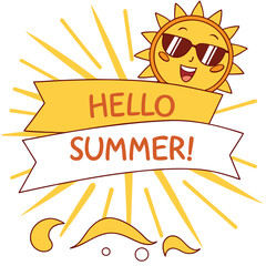 Hello Summer Sun Vector Art – Cheerful Sunglasses-Wearing Sun & Bold Banner for Seasonal Branding & Social Media, Hello Summer Sun Vector – Sunglasses & Bold Banner Design, Summer Sun Graphic