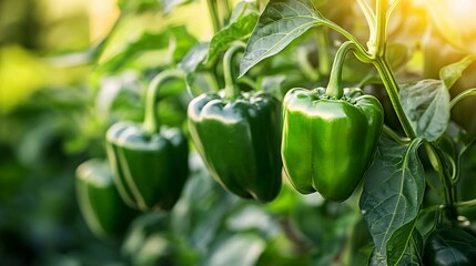Green bell peppers growing on a healthy plant in sunlight