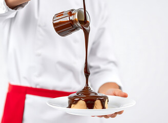 Dynamic action shot of chef pouring chocolate sauce over a dessert plate.