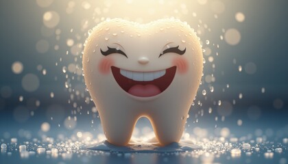  Tooth character gleefully standing in a puddle with raindrops falling