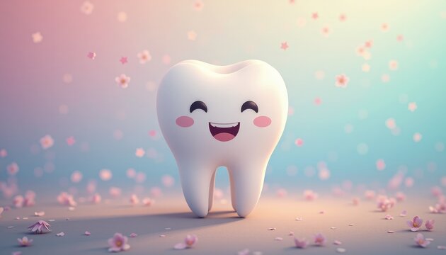  Tooth character surrounded by falling cherry blossoms with a broad smile