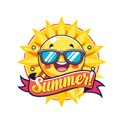 Hello Summer Sun Vector Art – Cheerful Sunglasses-Wearing Sun & Bold Banner for Seasonal Branding & Social Media, Hello Summer Sun Vector – Sunglasses & Bold Banner Design, Summer Sun Graphic