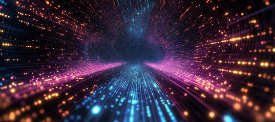 Fototapeta premium Neon Data Tunnel Abstract Digital Composition of Glowing Particles and Lines, digital art, abstract background Digital art, Abstract background