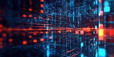 Digital Network: A captivating view of a complex, three-dimensional digital network, rendered in a vibrant palette of blue and red. The intricate grid of data flows, evoking a sense of technology.