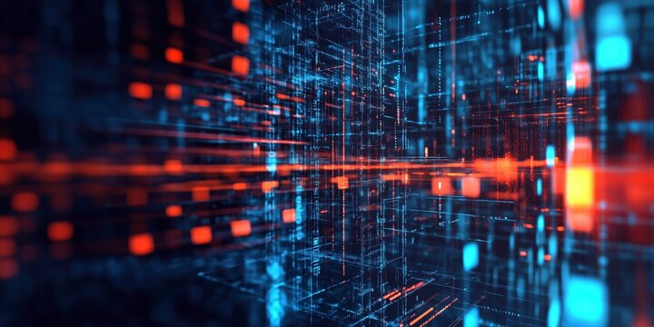 Digital Network: A captivating view of a complex, three-dimensional digital network, rendered in a vibrant palette of blue and red. The intricate grid of data flows, evoking a sense of technology.