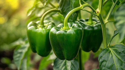 Three Green Bell Peppers Growing on a Plant in a Garden