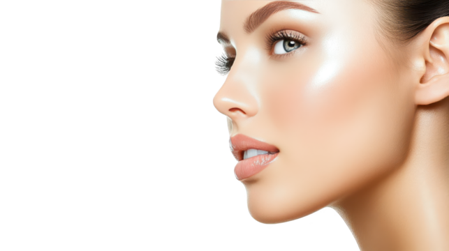 Intriguing portrait, woman with a striking white eye on black background mysterious