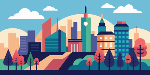 Colorful urban landscape with modern buildings and trees in flat 2d design style