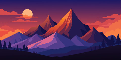 Scenic mountain landscape at dusk with colorful skies and towering peaks