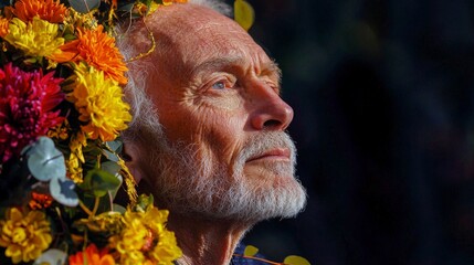 Fototapeta premium Serene Senior Man with Flower Crown Studio Portrait Peaceful Wisdom Age Nature