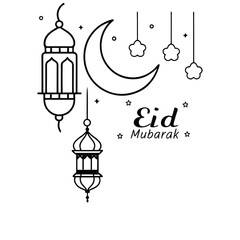 A beautifully designed Eid Mubarak vector card featuring Arabic calligraphy, crescent moon, and glowing lamps. Perfect for greetings, invitations, and festive digital designs.