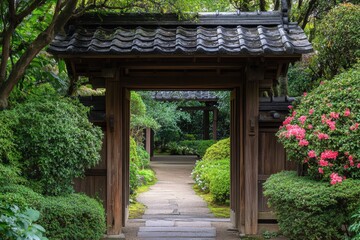 Rustic Garden Gate Framed by Flowering Bushes in a Lush Landscape Serene Nature Scene Tranquil Viewpoint