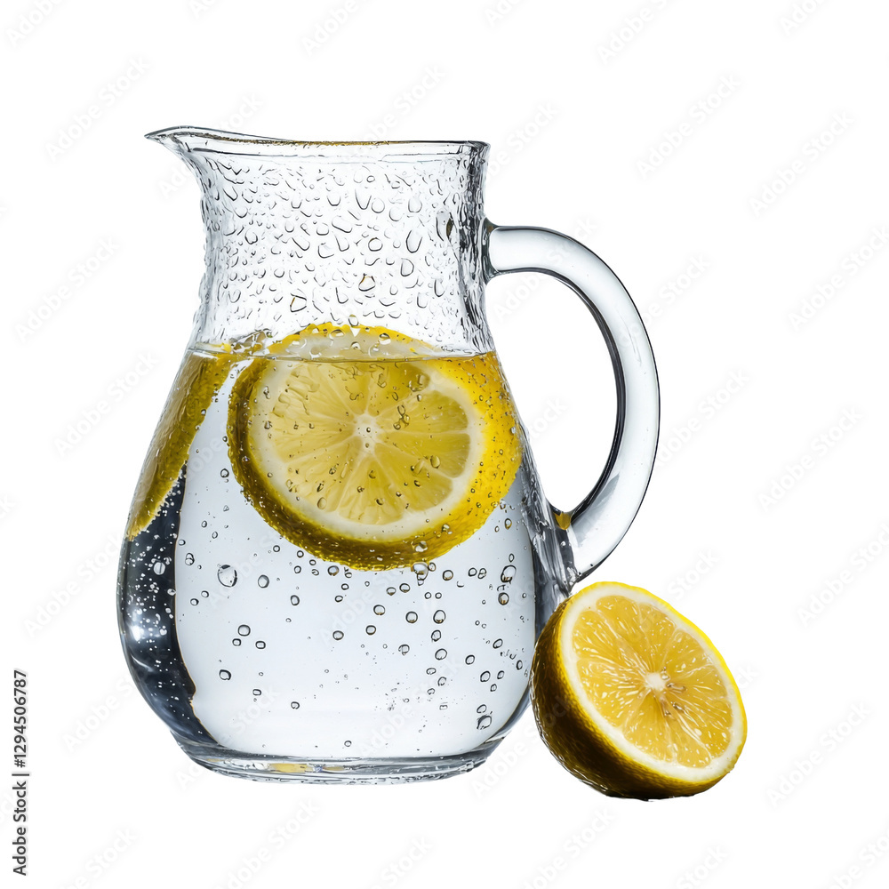 Poster Refreshing pitcher of water with lemon slices, showcasing bubbles and condensation. Perfect for hydration and summer gatherings