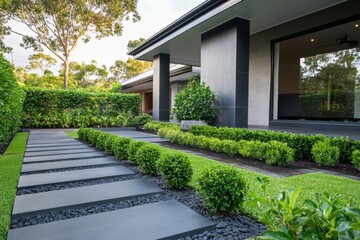 Stylish Front Yard Garden Design with Trimmed Hedges and Pathway Residential Area Landscape Photography Modern Environment Eye-Level View