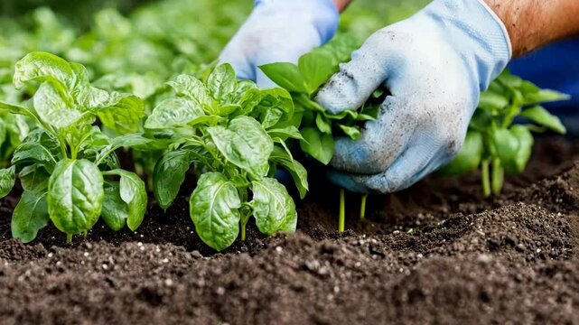 Gardener planting young seedlings in fertile soil, nurturing growth with gloved hands. Gardening in early spring.