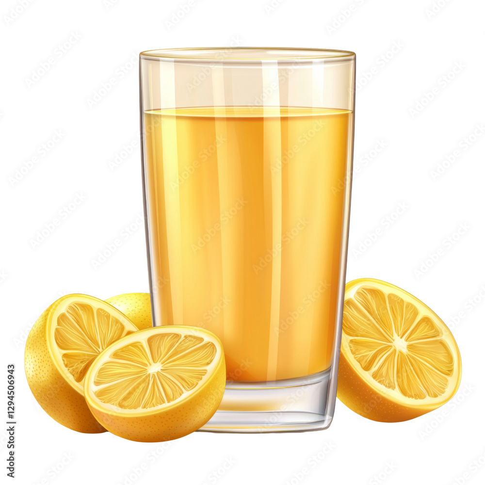 Aufkleber fresh lemon juice in glass with sliced lemons beside it, showcasing vibrant yellow color and refresh