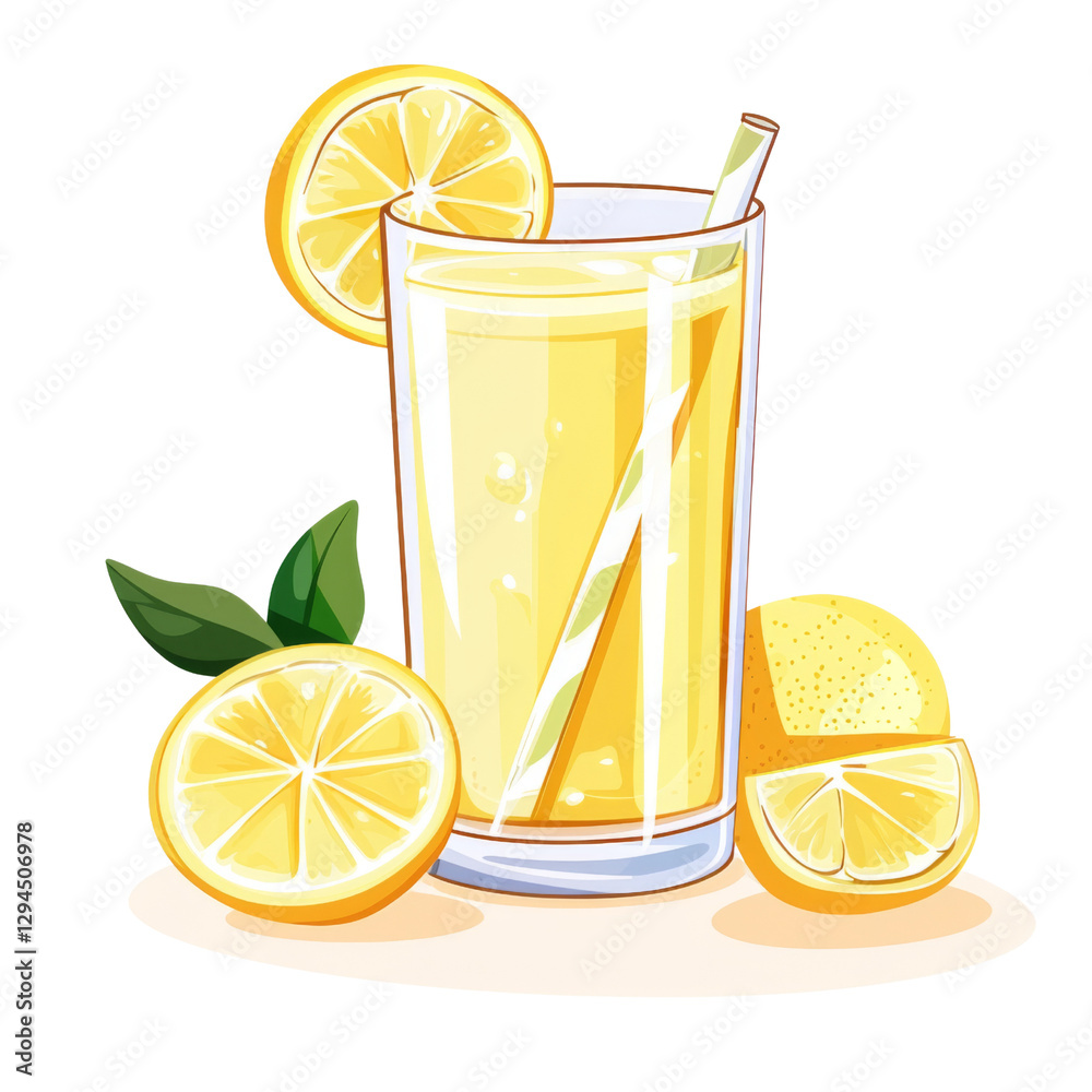 Poster refreshing lemon drink in glass with lemon slices and leaves