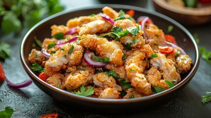 Fototapeta premium Crispy Fried Shrimp with Colorful Vegetables and Herbs on Plate