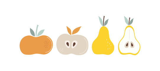 Apple, pear. Set of simple abstract fruits. Vitamin natural food, slices and whole fruit. Color flat illustration, vector graphics. Isolated white background.