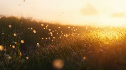 Obraz premium Gentle Sunrise Over a Field of Wildflowers with Glowing Light