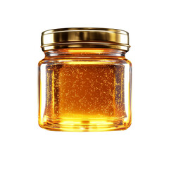 glass jar filled with golden honey, sparkling with tiny bubbles, showcasing its rich texture and color. jar features shiny gold lid, enhancing its appealing look
