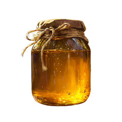 Glass jar filled with golden honey, tied with twine, showcasing its rich texture and color, perfect for culinary uses and natural sweetness