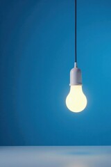 Illuminated Ideas A Single Bright Lightbulb Hanging Against a Vibrant Blue Background