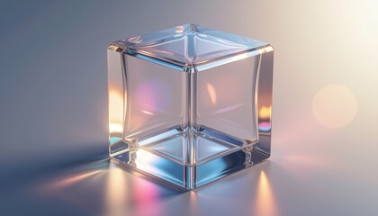  Transparent Crystal Cube Reflecting Light with a Spectrum of Colors on a Smooth Surface