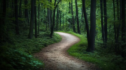 Obraz premium Winding forest path through vibrant greenery creates an enchanting, serene atmosphere inviting exploration.